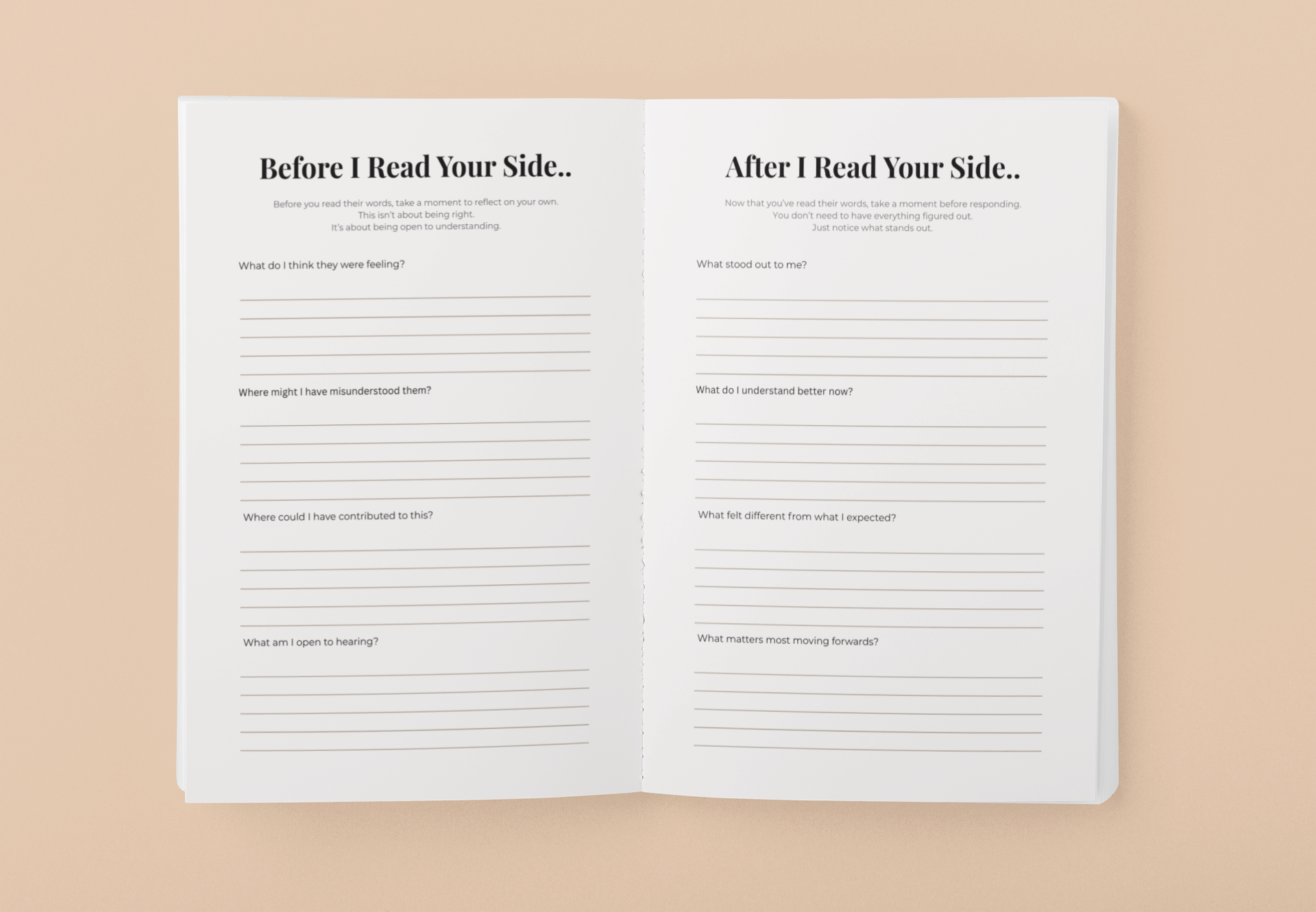 Open journal spread showing the 'Before I Read Your Side' and 'After I Read Your Side' reflection prompts on cream paper