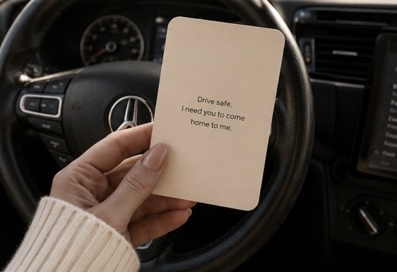 A hand holding a Just Because card in front of a steering wheel