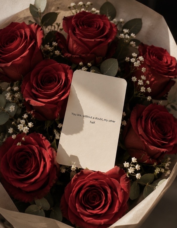 A Just Because card resting in a bouquet of red roses